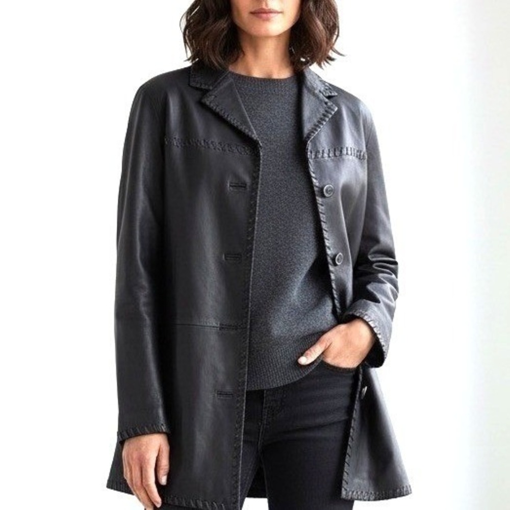 Black Leather Jacket Women XL Whipstitch Detail Mercedes-Benz Collection Genuine